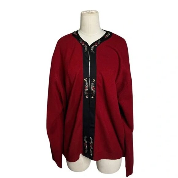 Koret Vintage Embroidered Cardigan – Red Knit Sweater with Black Trim 2X - Picture 2 of 7
